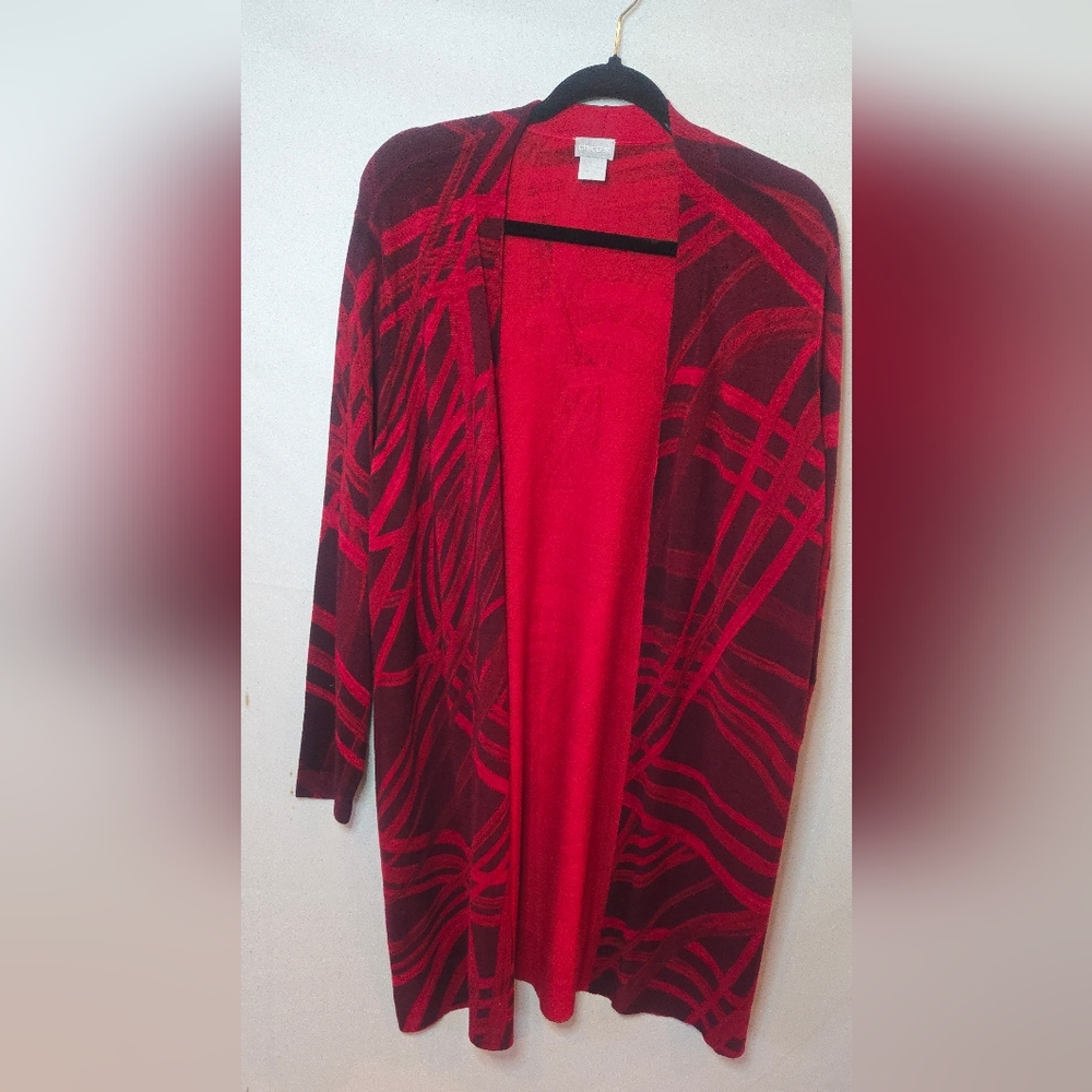 NWT Chico's Women's 2/L Red Abstract Patterned Open Front Long Cardigan Sweater